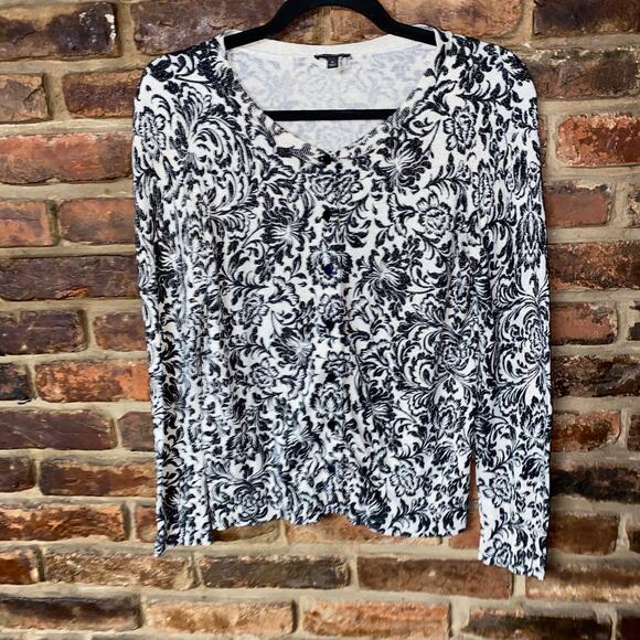 Talbots Black Cream Gold Metallic Button Down Cardigan Sweater Womens Size Small - Picture 1 of 7